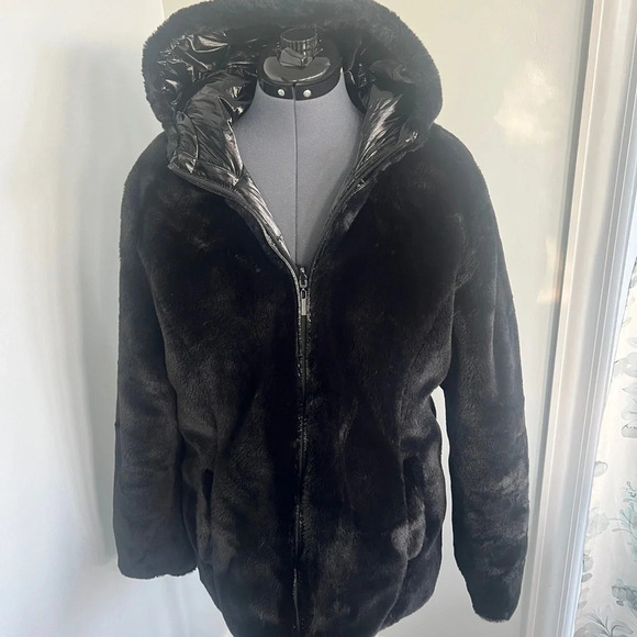 NEW Joseph Ribkoff Sz L Black Reversible Faux Fur Quilted Puffer Coat - Picture 12 of 16